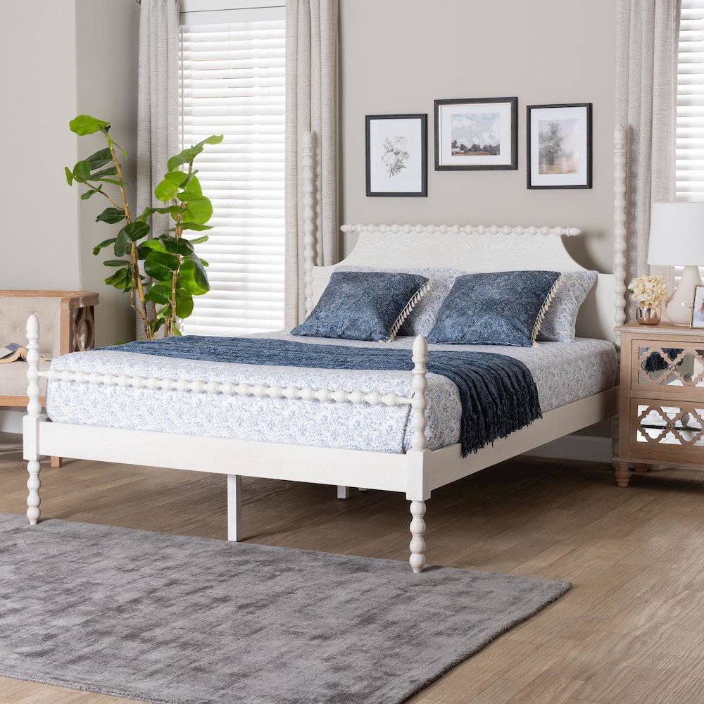 Four-Poster Platform Bed - Wooden Bed Frame, White, Queen