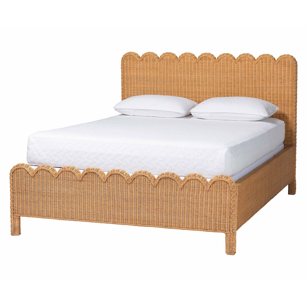 Scalloped Rattan Bed Frame - Handwoven Wicker Headboard and Footboard, King