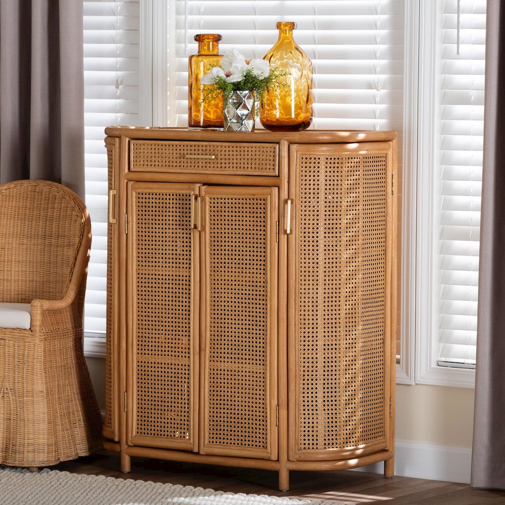 Natural Rattan Storage Cabinet - Handwoven Wicker Accent Cabinet