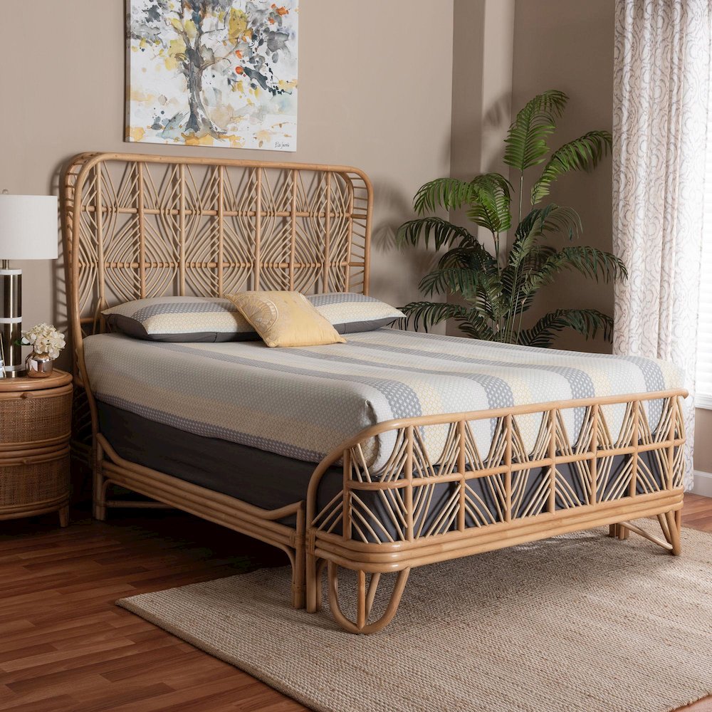 Rattan Bed Frame with Openwork Geometry Headboard and Footboard, Queen