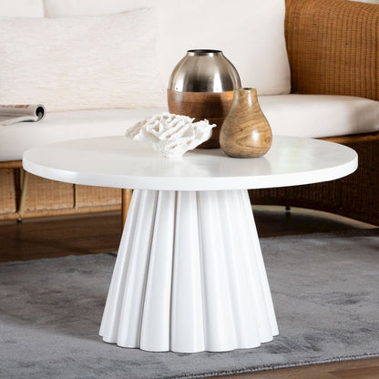 Round Coffee Table with Fluted Pedestal Base - White Resin Accent Table
