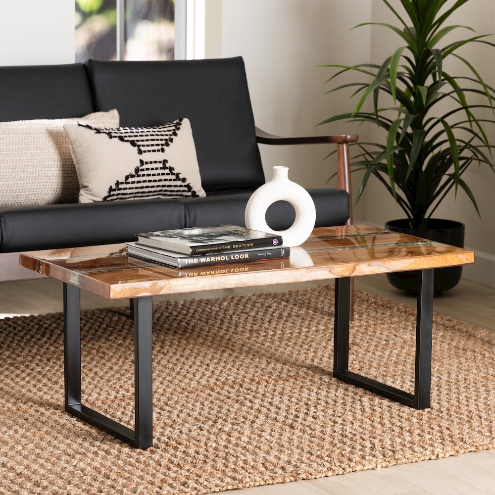 Coffee Table with Glass Inlay - Rectangular Live Edge Teak wood Accent Table