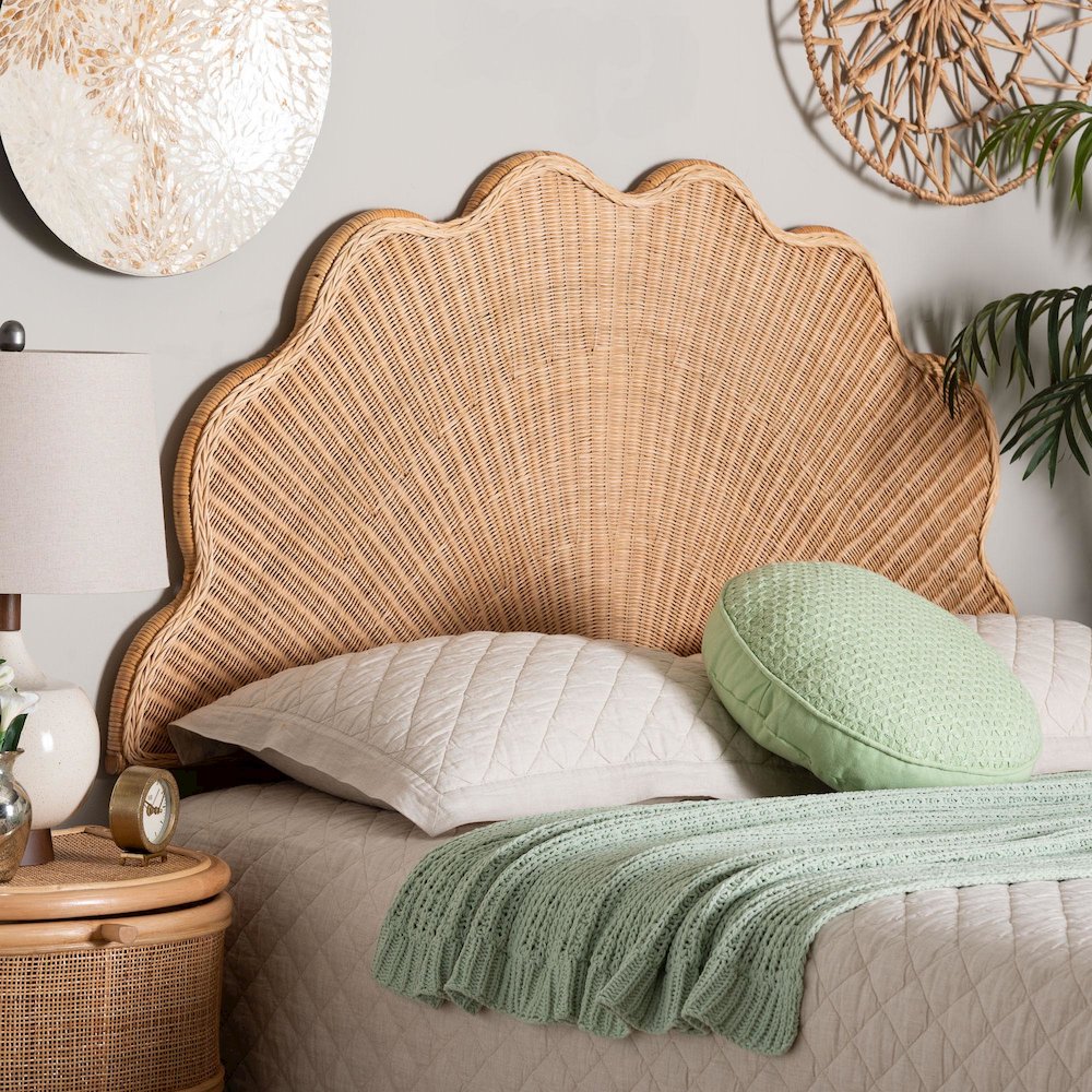 Natural Rattan Scalloped Headboard with Sunburst Weave