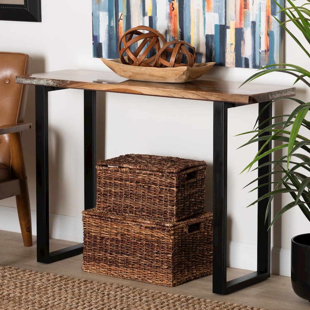 Console Table with Glass Inlay - Rectangular Live Edge Teak Wood Accent Table