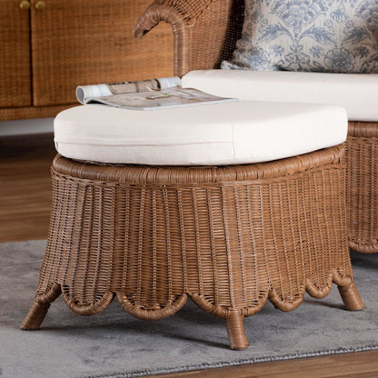 Natural Rattan Footstool with Cushion - Handwoven Wicker Ottoman