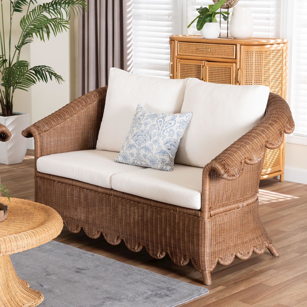 Natural Rattan Loveseat with Cushion - Handwoven Wicker Settee