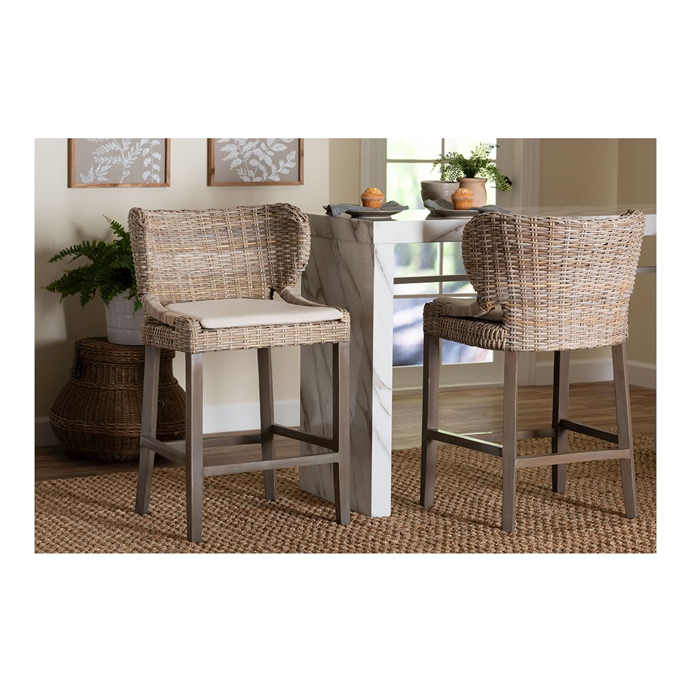 Niesha Kubu Rattan Counter Stool with Flared Arms and Cushion, Grey