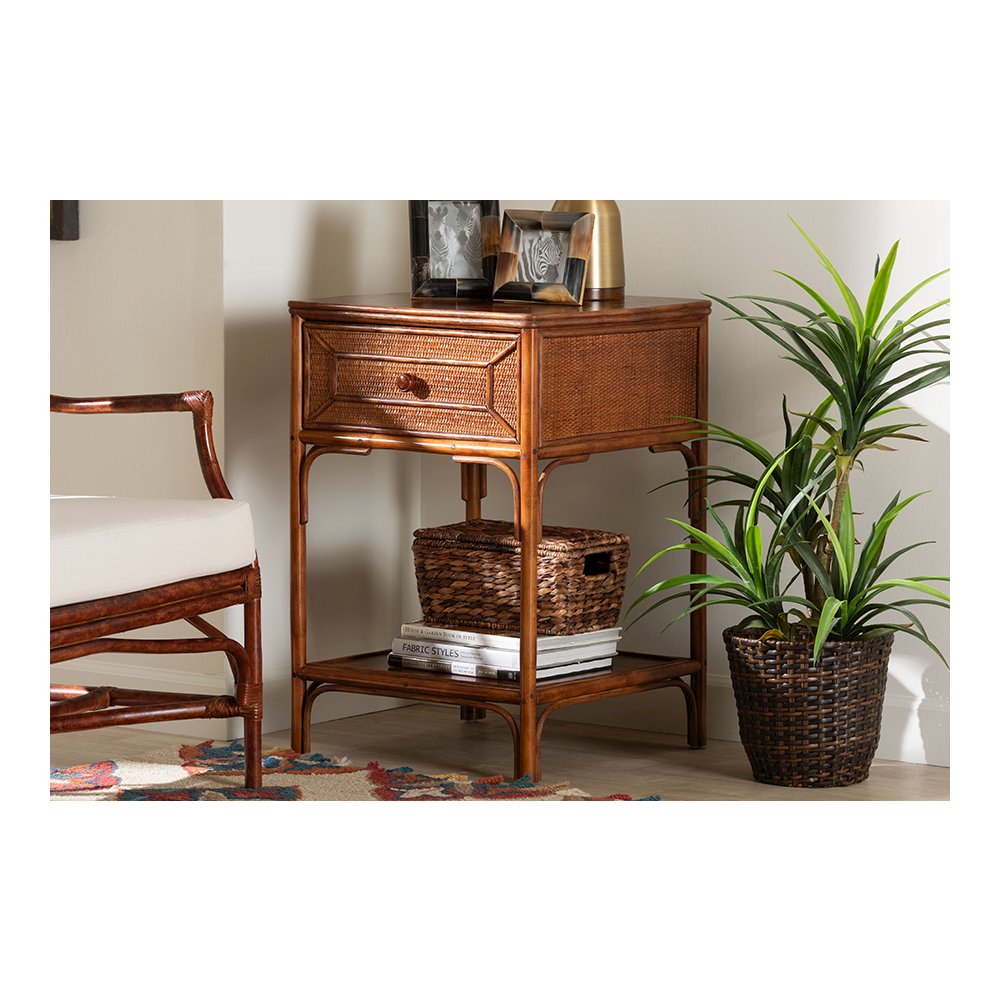 Basile Tortoise Rattan End Table with Geometric Overlay Drawer