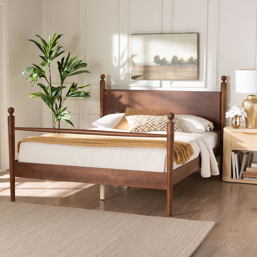 Wood Platform Bed - Traditional Poster Bed Frame with Panel Headboard, Queen
