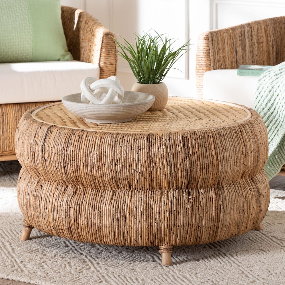Rattan and Seagrass Coffee Table - Low Profile Boho Accent Table
