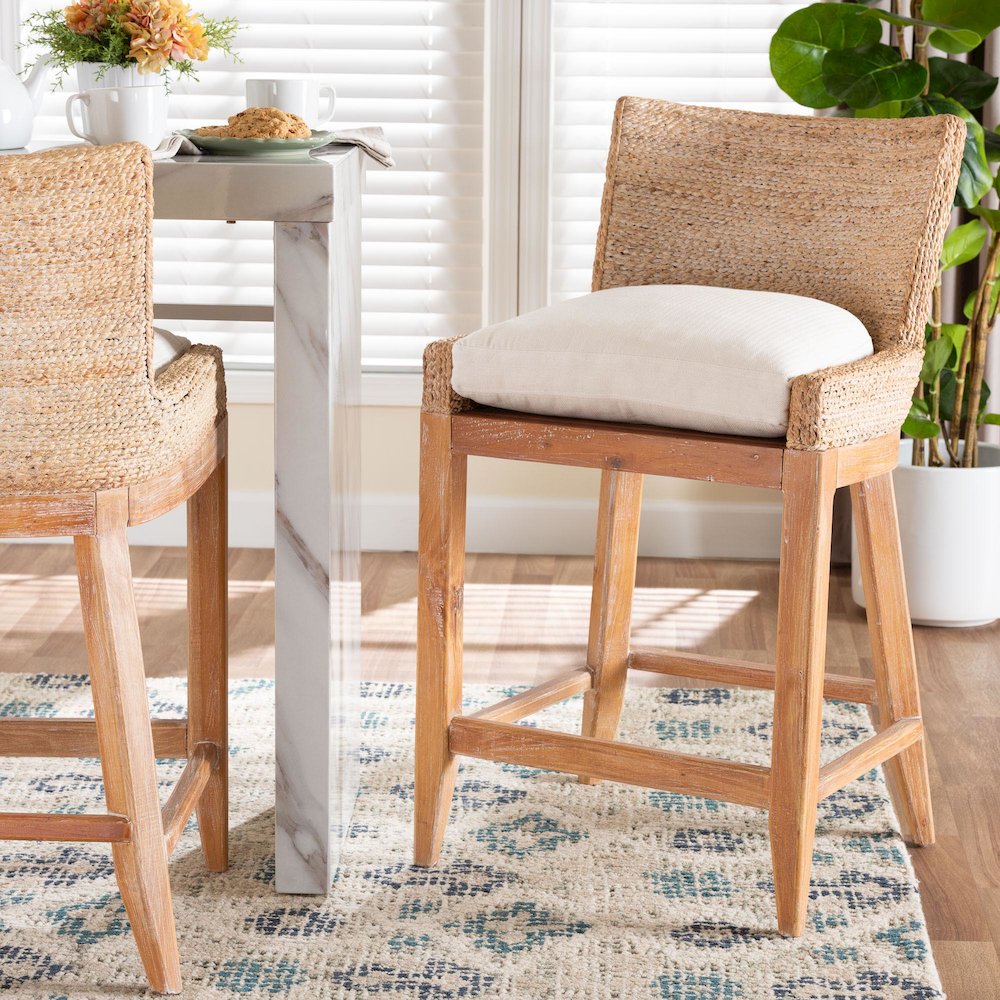 Seagrass Counter Stool with Mahogany Wood Frame, Whitewash