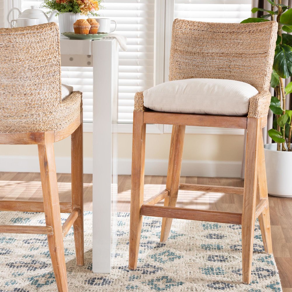 Seagrass Bar Stool with Mahogany Wood Frame, Whitewash