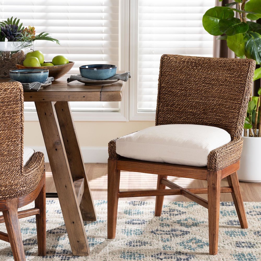 Seagrass Dining Chair with Mahogany Wood Frame, Brown Wash
