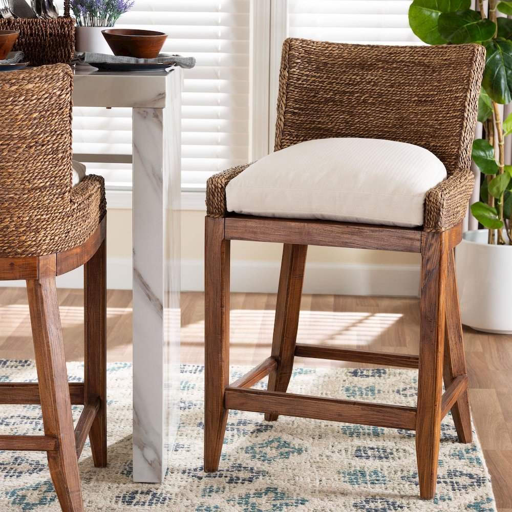 Seagrass Counter Stool with Mahogany Wood Frame, Brown Wash