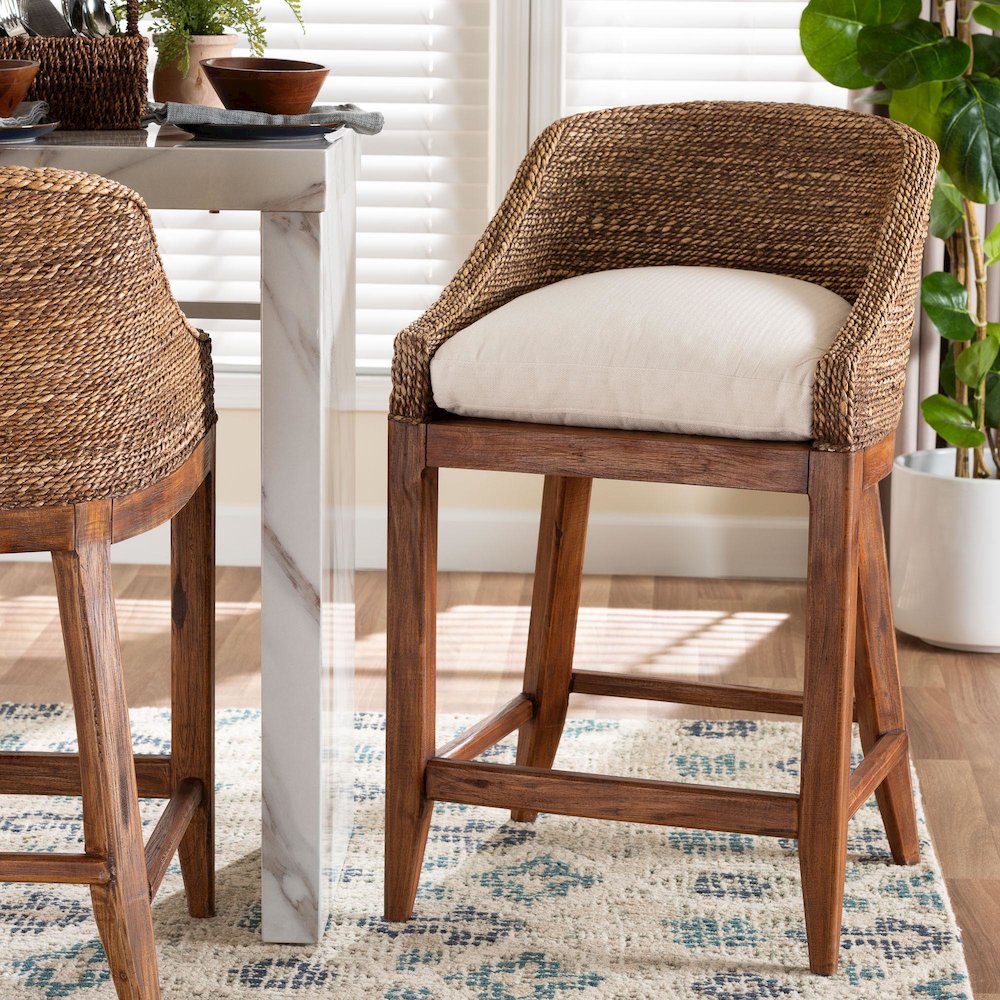 Seagrass Counter Stool with Mahogany Wood Frame, Brown Wash