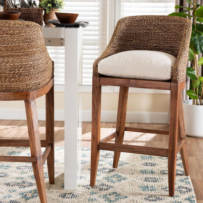 Seagrass Bar Stool with Mahogany Wood Frame, Brown Wash
