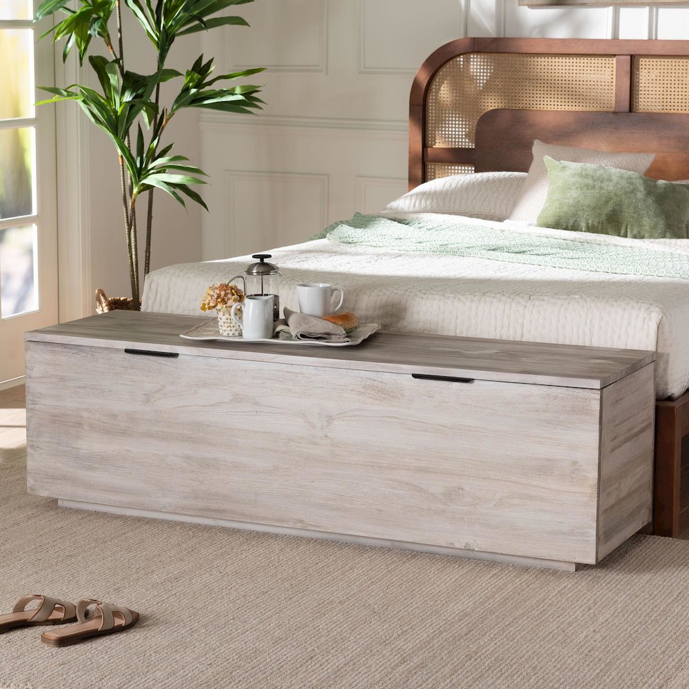 Wood Storage Trunk with Hinged Lid - Rectangular Blanket Chest and Bedroom Bench