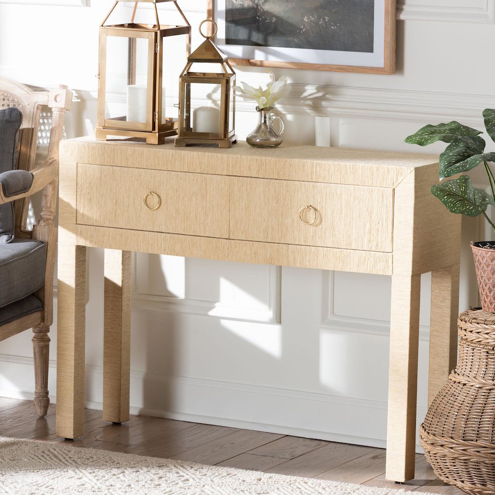 Grasscloth 2-Drawer Console Table - Woven Texture Entryway Table, Light Brown