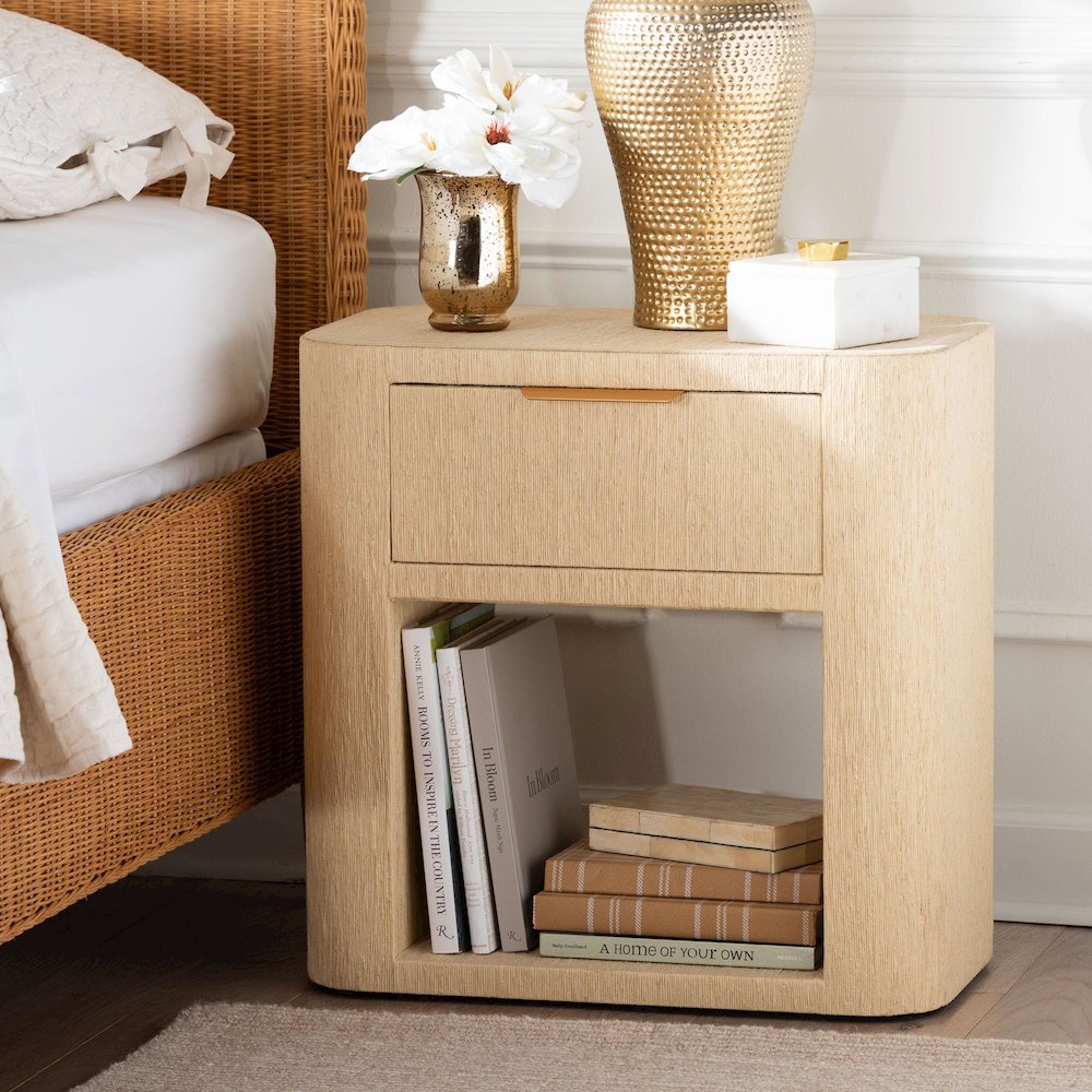 Grasscloth 1-Drawer Nightstand with Open Shelf - Woven Texture Bedside Table