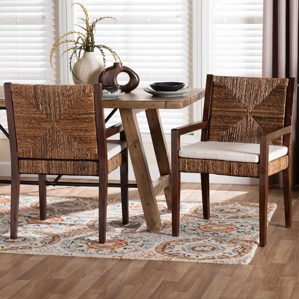 Cordoba 2-Pc Handwoven Seagrass Armchairs, Solid Mango Wood Frame Dining Chair