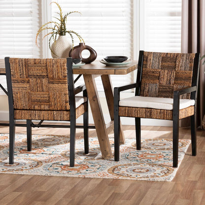 Raniya 2-Pc Handwoven Seagrass Armchairs, Solid Mango Wood Frame Dining Chair