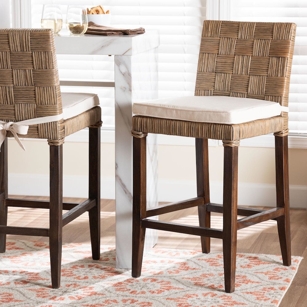 Fatima Natural Rattan Counter Stool with Cushion - Handwoven Wicker Stool