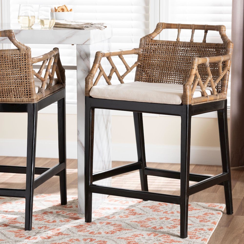 Abiel Natural Rattan Counter Stool with Arms, Removable Cushion