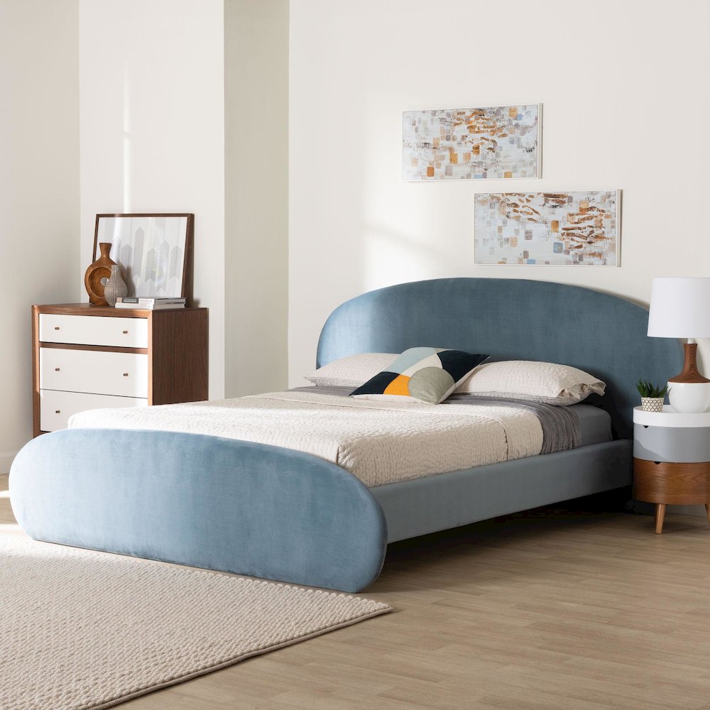 Velvet Upholstered Platform Bed - Mid-Century Bed Frame with Headboard, Queen