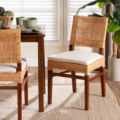 Rattan Dining Chair with Cushion - Handwoven Wicker Side Chair