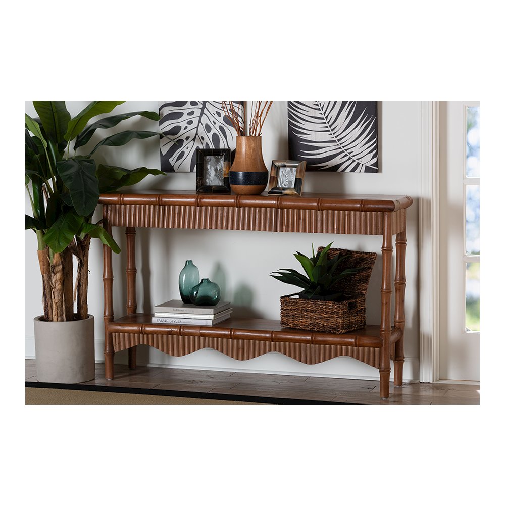 Alessa Mahogany Wood Console Table with Bamboo Motif, 2-Tier, 54 in.