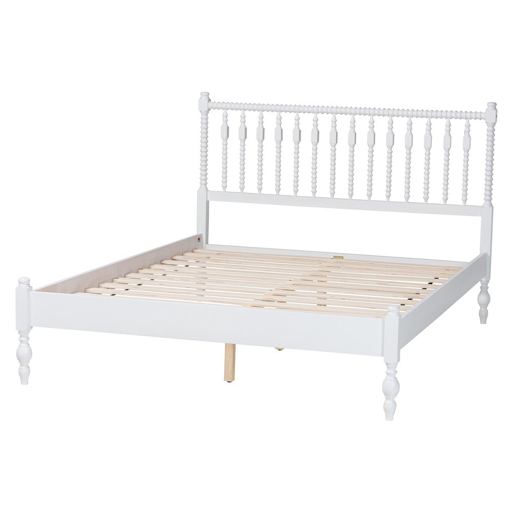 Platform Bed - Turned Bed Frame with Headboard and Sculpted Legs, White, Queen