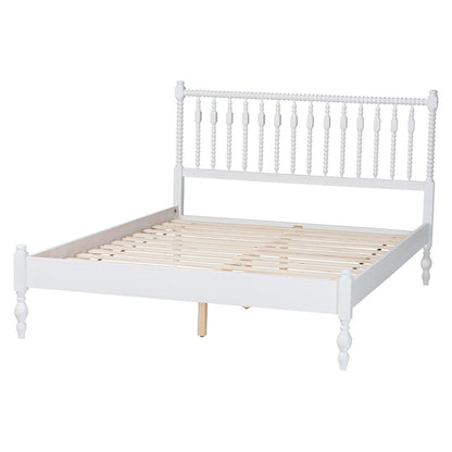 Platform Bed - Turned Bed Frame with Headboard and Sculpted Legs, White, Queen