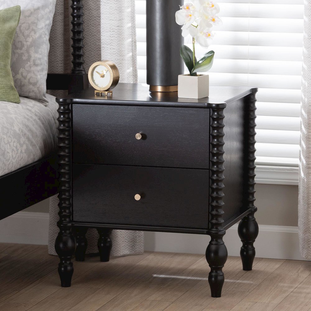 Nightstand - 2-Drawer Bedside Table with Turned Accents for Bedroom, Black