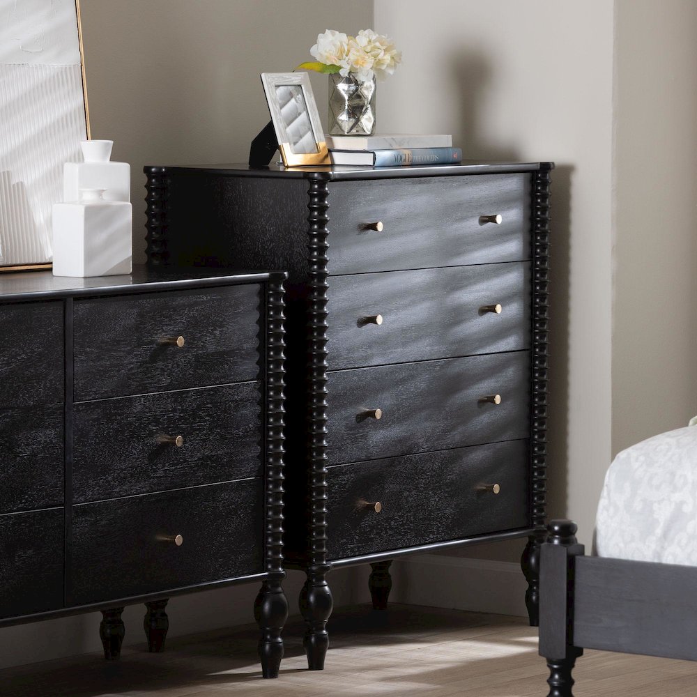 Chest - 4-Drawer Vertical Cabinet with Turned Accents for Bedroom, Black