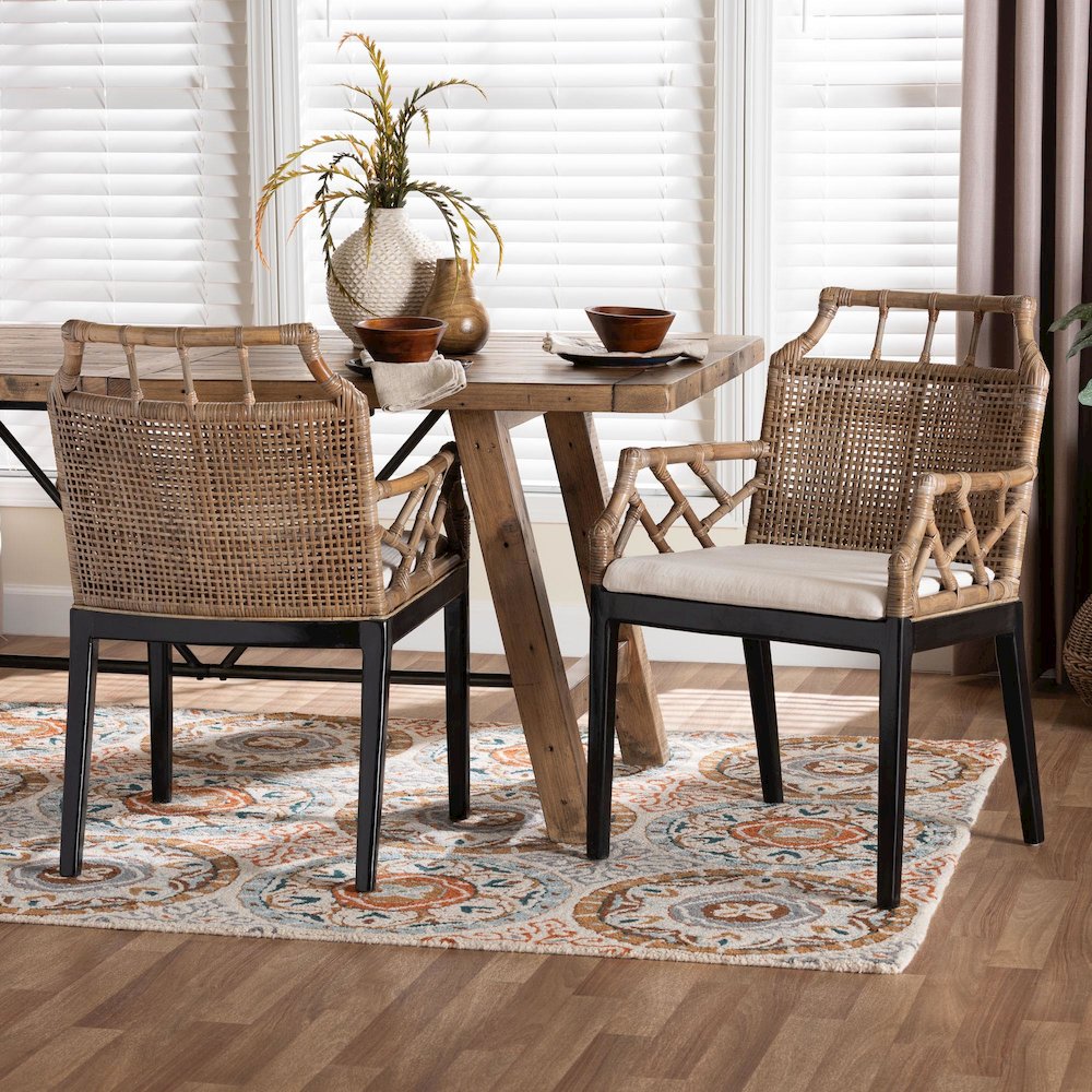 Abiel Natural Rattan 2Pc Dining Armchair Set with Cushion