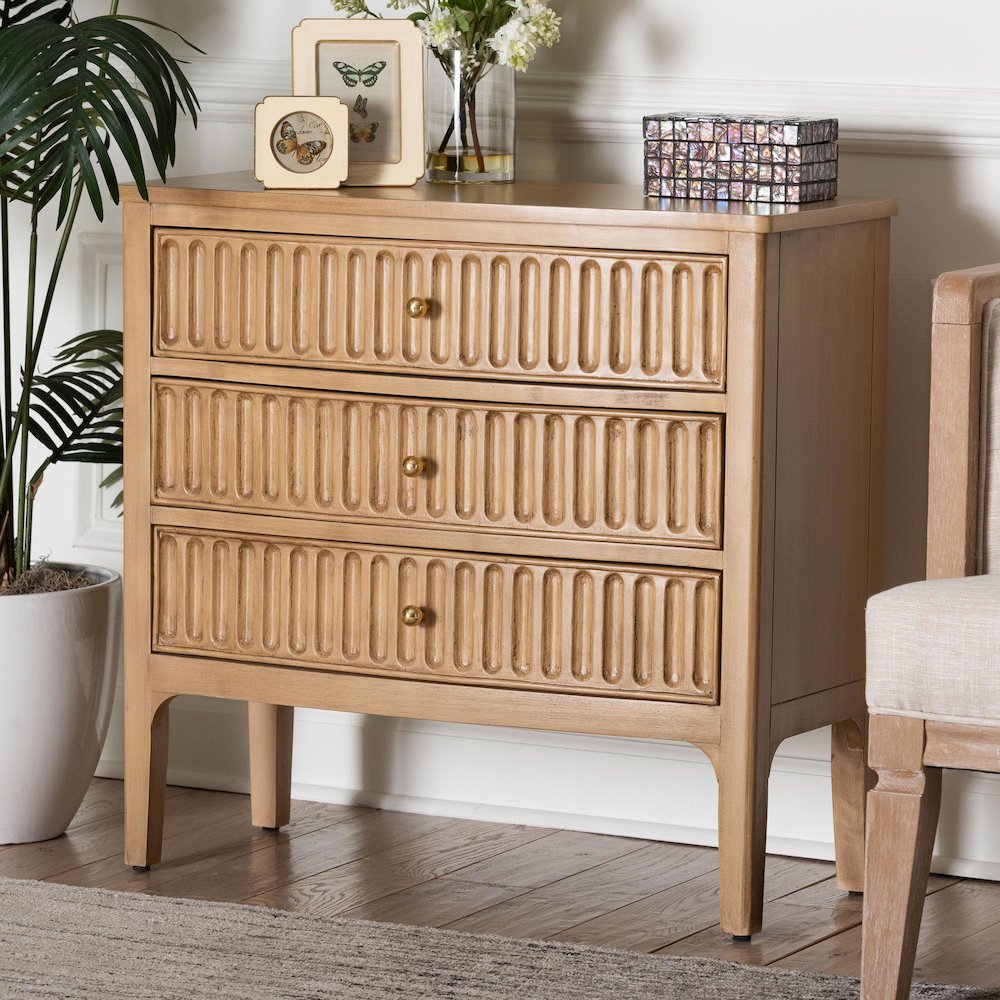 3-Drawer Storage Wood Chest with Textured Drawer Fronts and Round Knobs