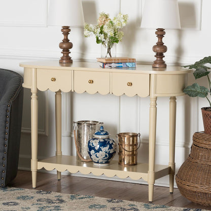 3-Drawer Accent Console Table with Scalloped Detailing and Open Shelf Storage