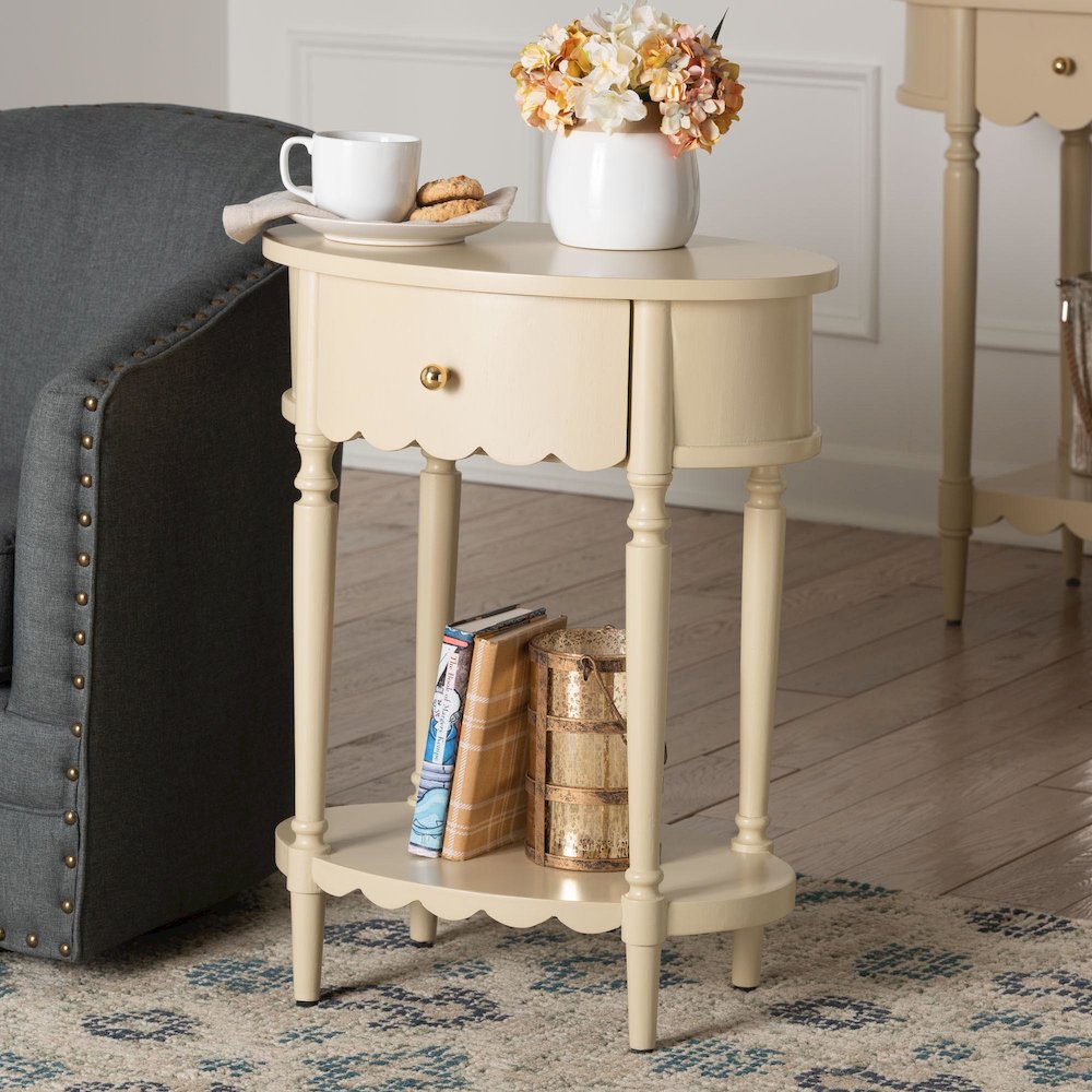 1-Drawer Accent End Table with Scalloped Detailing and Open Shelf Storage