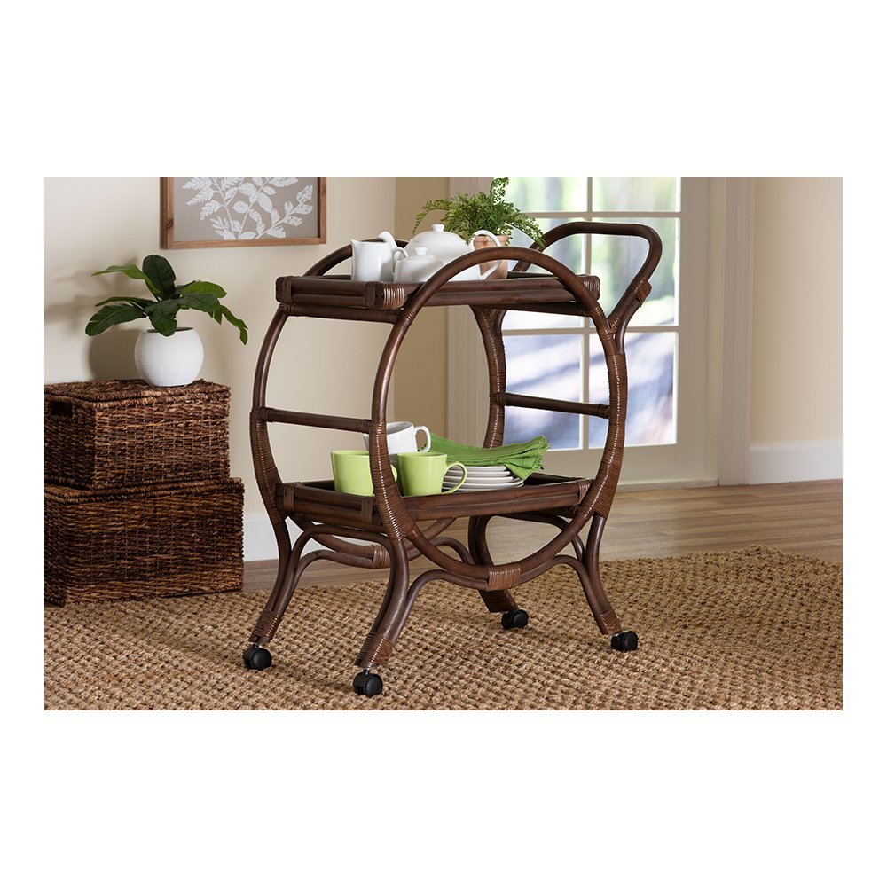 Selah Natural Rattan Kitchen Cart, Handwoven 2-Tier Mobile Serving Cart