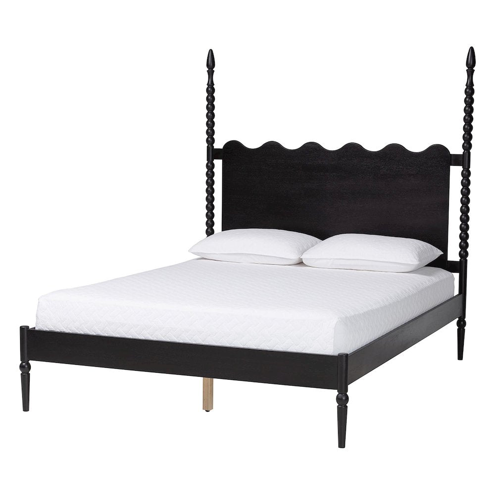 Platform Bed Frame with Scalloped Headboard and Turned Posts, Black, King