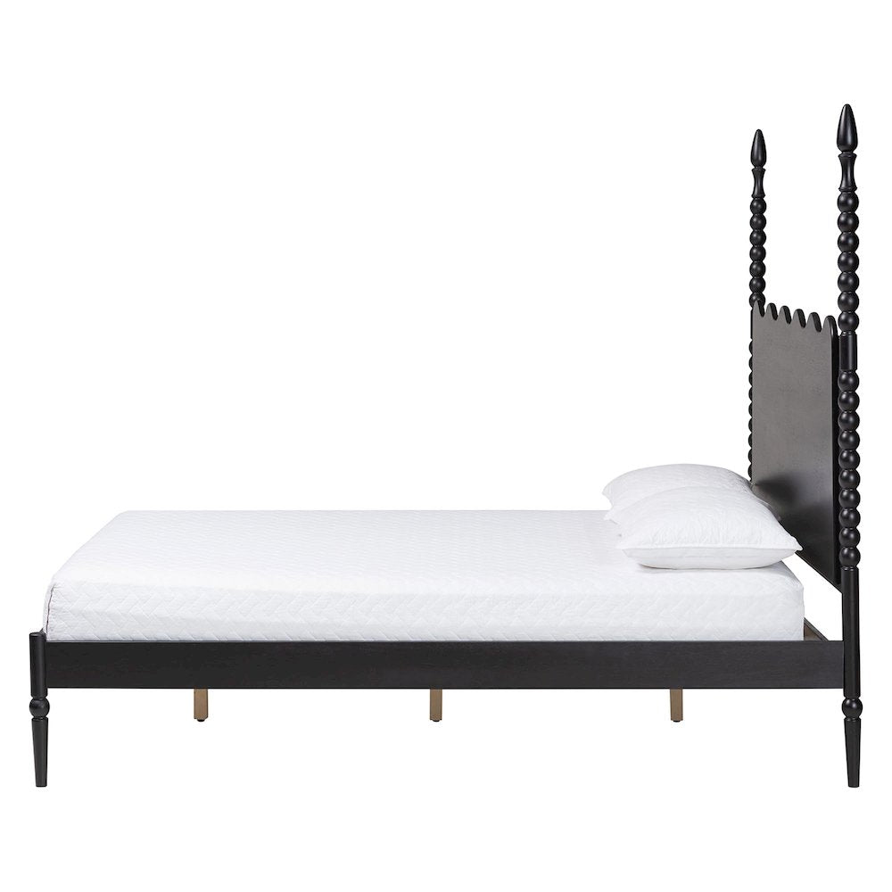 Platform Bed Frame with Scalloped Headboard and Turned Posts, Black, King