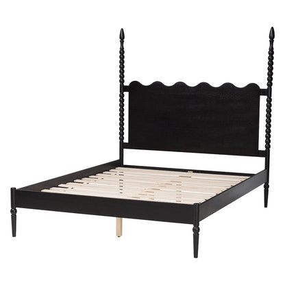 Platform Bed Frame with Scalloped Headboard and Turned Posts, Black, King
