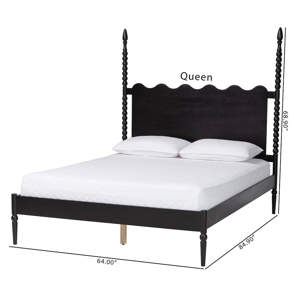 Platform Bed Frame with Scalloped Headboard and Turned Posts, Black, King