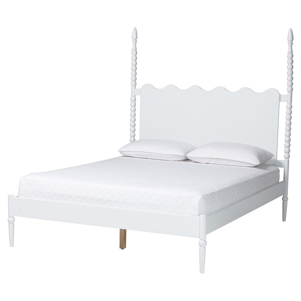 Platform Bed Frame with Scalloped Headboard and Turned Posts, White, King