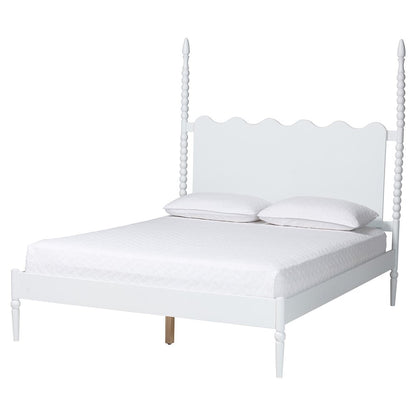 Platform Bed Frame with Scalloped Headboard and Turned Posts, White, King