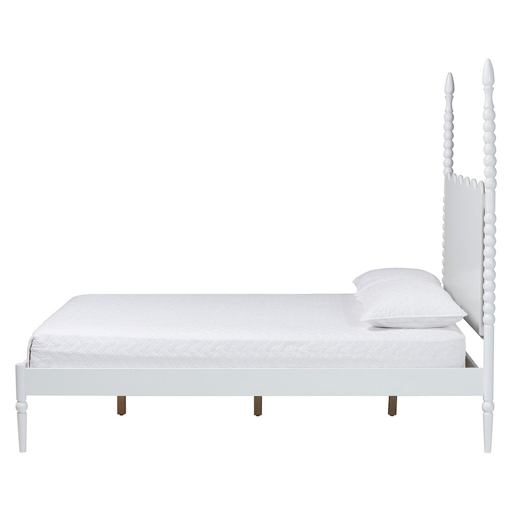 Platform Bed Frame with Scalloped Headboard and Turned Posts, White, King