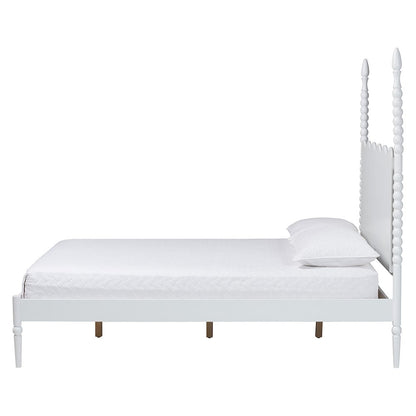 Platform Bed Frame with Scalloped Headboard and Turned Posts, White, King