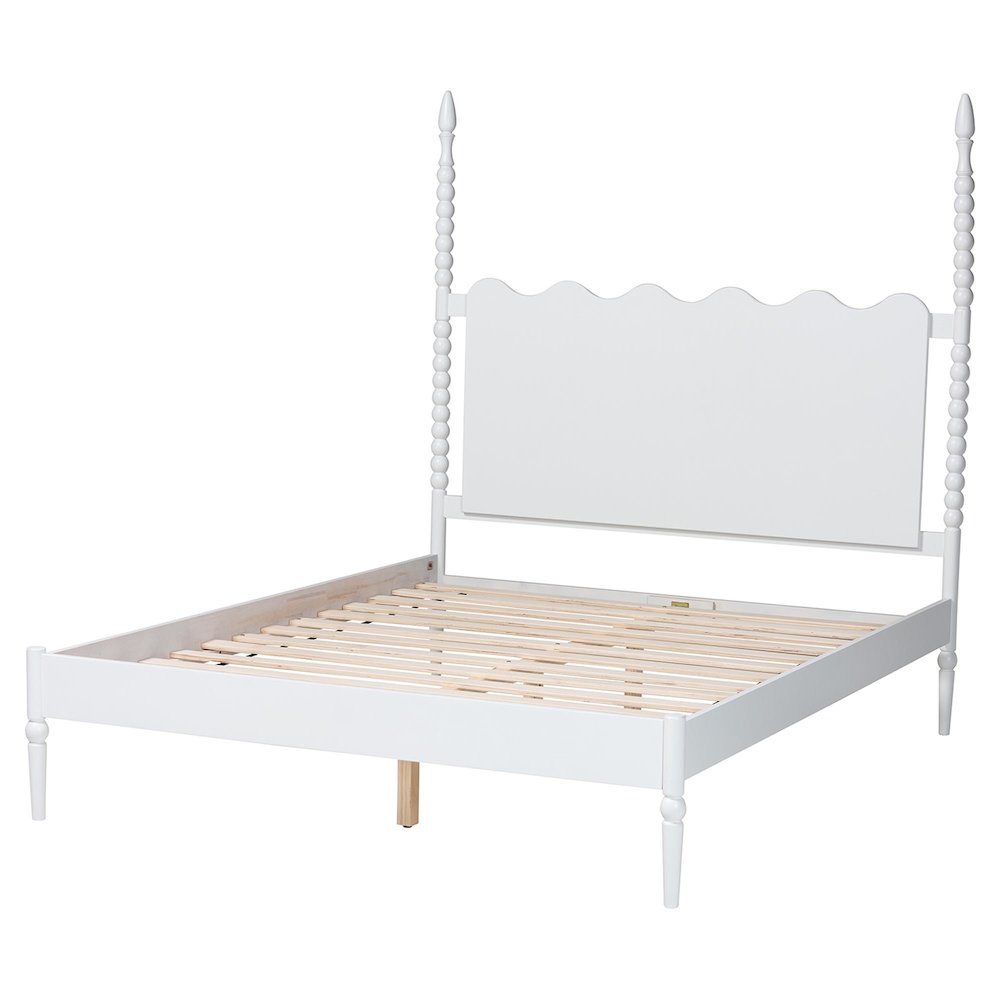 Platform Bed Frame with Scalloped Headboard and Turned Posts, White, King