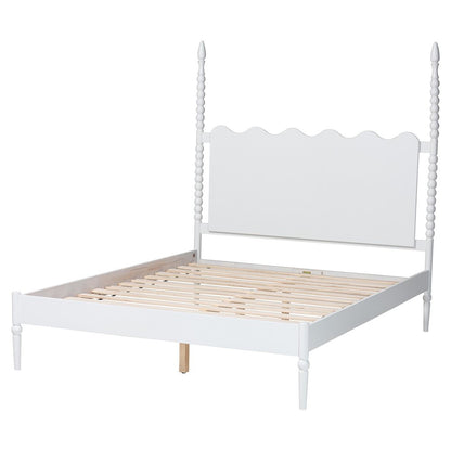 Platform Bed Frame with Scalloped Headboard and Turned Posts, White, King