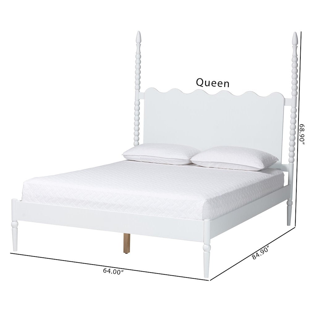 Platform Bed Frame with Scalloped Headboard and Turned Posts, White, King